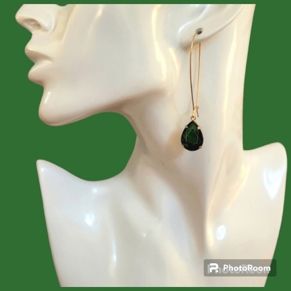 3/$30 Emerald Green Teardrop Goldtone Long Hoop Earrings - Picture 1 of 7